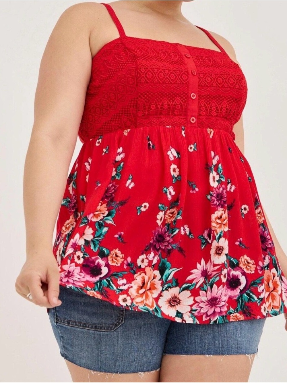 Torrid Red Floral Lace-Trim Cami size 3 , backyard bbq, picnic, summer, spring